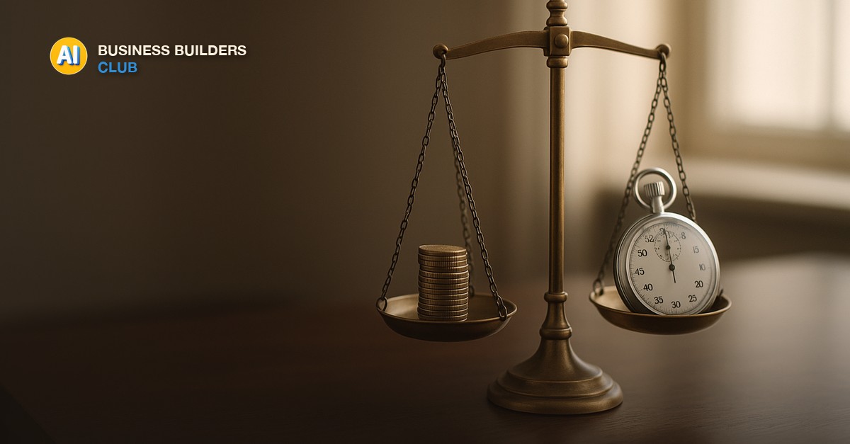 A brass balance scale on a wooden desk weighing a small stack of coins against a stopwatch, soft window light