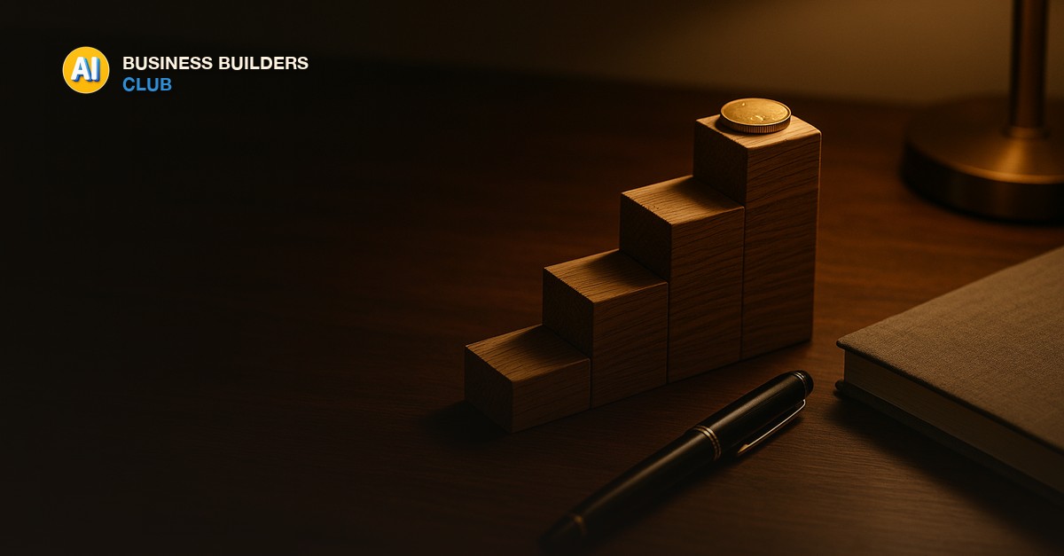 Four oak stair-step blocks rising left to right on a dark walnut desk with a single brass coin resting on the top step, a black fountain pen and a closed grey linen notebook nearby, lit by a warm amber desk lamp - AI Tools and Training Club