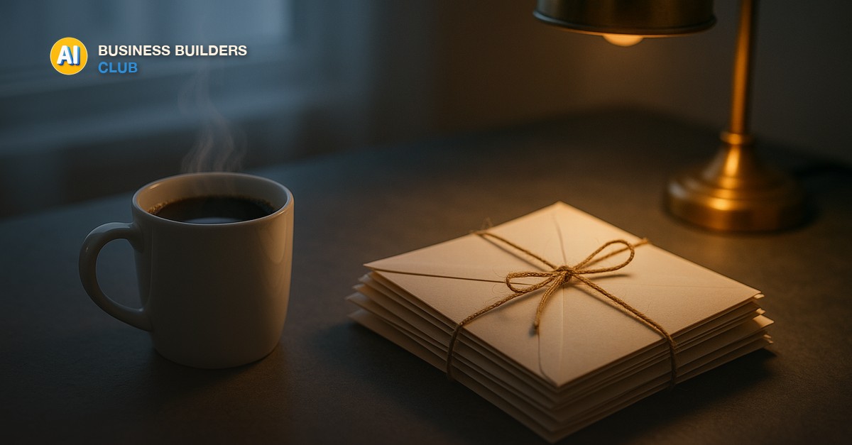 A white ceramic mug of steaming coffee on a cool grey slate desk beside a neat stack of cream envelopes tied with twine, a small brass desk lamp casting a warm glow across the envelopes against cool blue morning window light - AI Tools and Training Club
