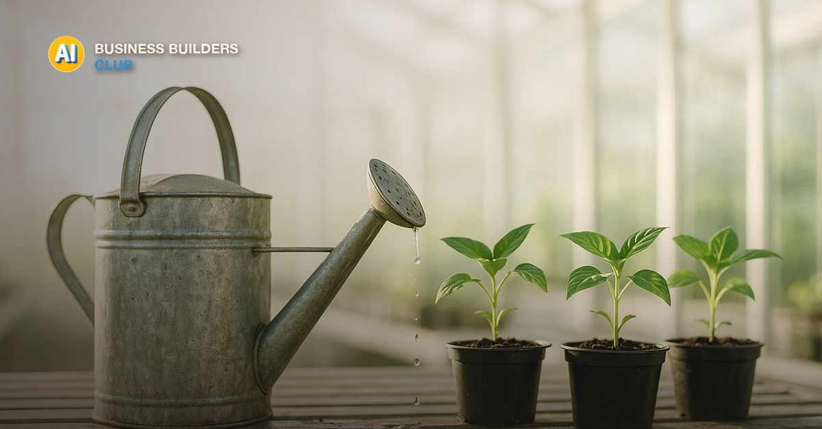 A leaking metal watering can beside healthy potted seedlings on a greenhouse bench in bright airy morning light