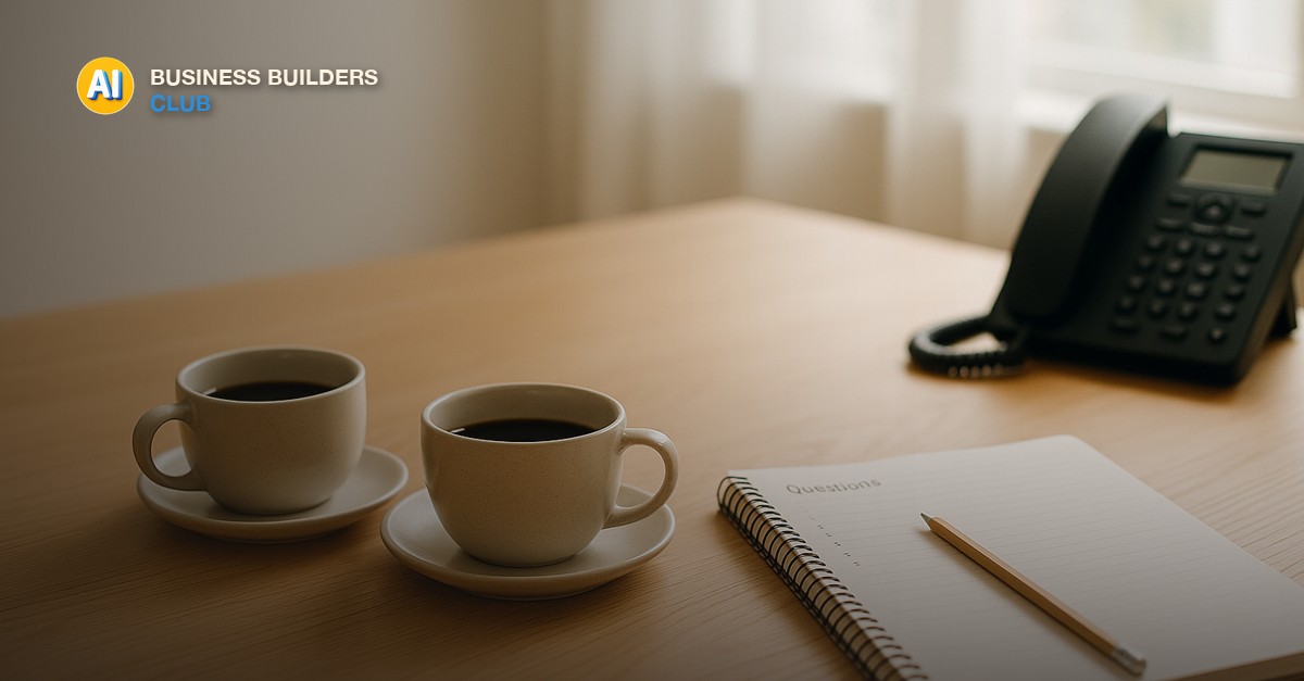 Two white coffee cups on saucers facing each other on a light oak table beside an open spiral notebook with a pencil and a desk phone, in bright morning window light - AI Tools and Training Club
