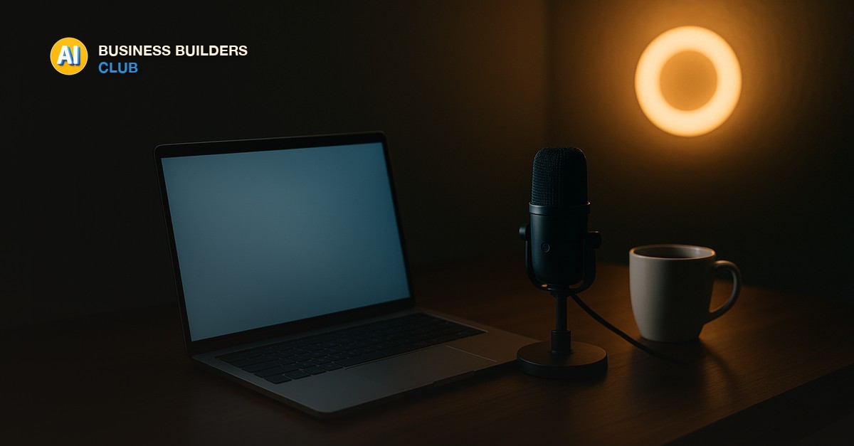 A slim silver laptop open on a dark walnut desk with a soft blue empty screen, a black condenser microphone on a short stand beside it, a white mug, and the warm glow of a ring light on the wall behind in moody evening studio light - AI Tools and Training Club