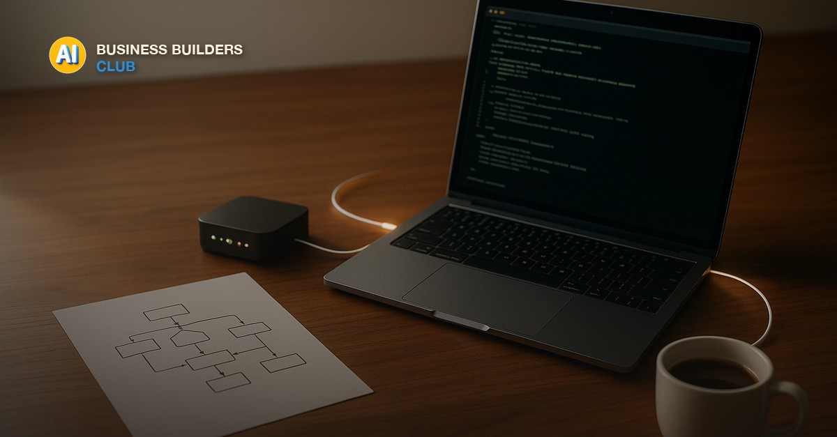 An open laptop showing a glowing code terminal connected by a lit cable to a small automation hub with flowing indicator lights, beside a paper workflow diagram and a coffee cup on a warm walnut desk - AI Tools and Training Club