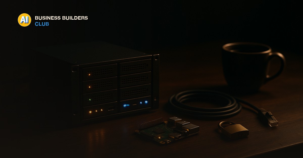 A small home server rack and single-board computer with glowing status lights beside a network cable and a padlock on a dark walnut desk - AI Tools and Training Club