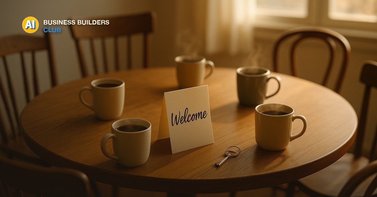 A round wooden table with a circle of mismatched chairs, a hand-lettered welcome card, mugs of coffee, and a small brass key on a ring in warm morning light - AI Tools and Training Club