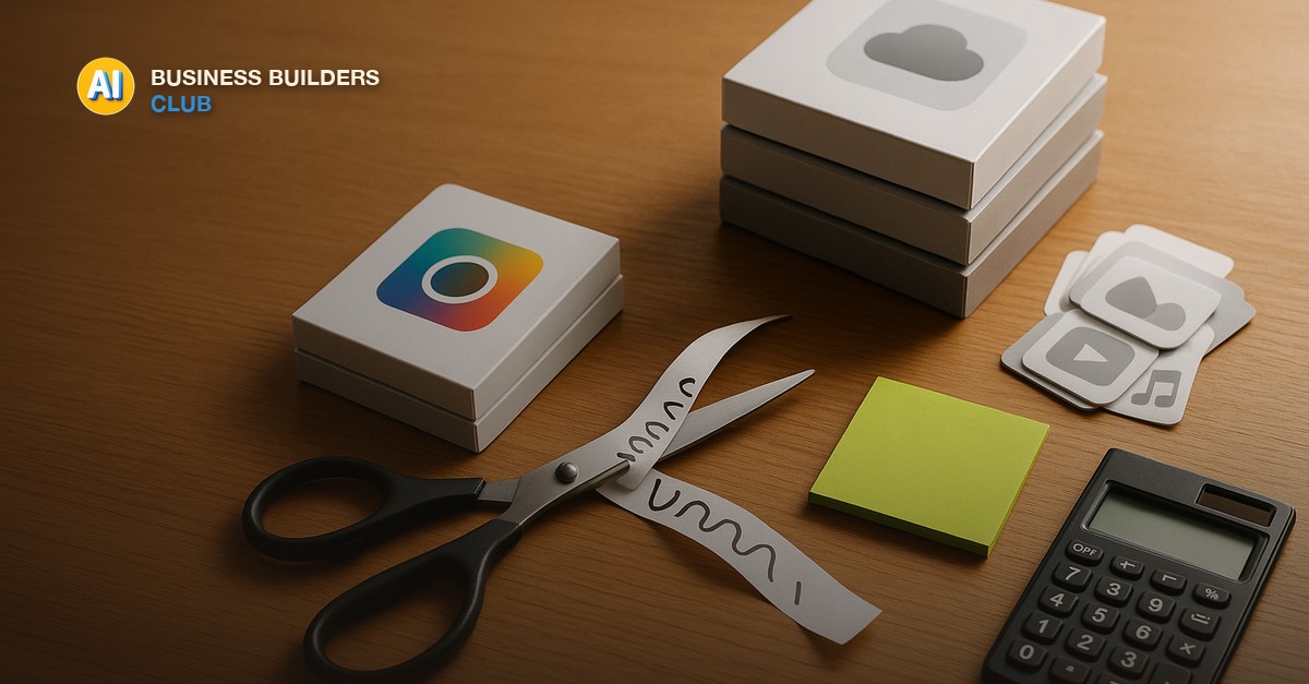 A stack of software subscription boxes fading to grey, scissors cutting a recurring-billing paper strip, a bright green sticky note and a calculator on a warm oak desk - AI Tools and Training Club