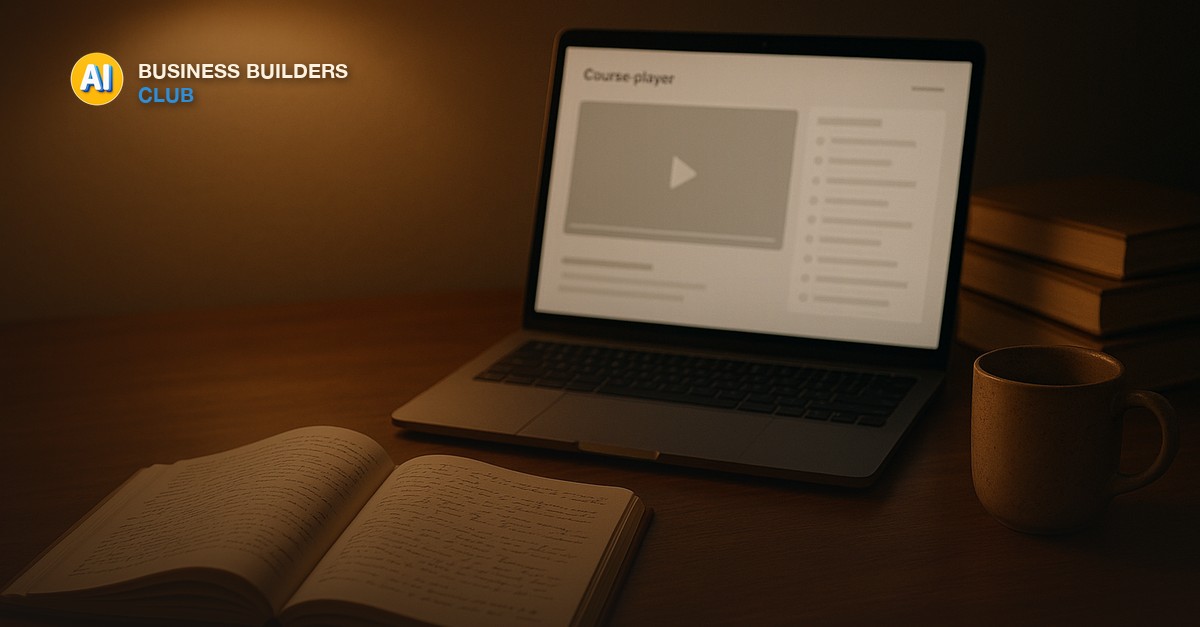 An open notebook of handwritten notes beside a laptop showing a clean course-player interface, a stack of books, and a warm ceramic mug on a wooden desk under amber lamp light - AI Tools and Training Club