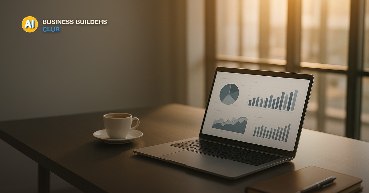 A laptop showing revenue charts on a desk beside a cup of espresso and a leather notebook, warm morning light through large windows - AI Tools and Training Club