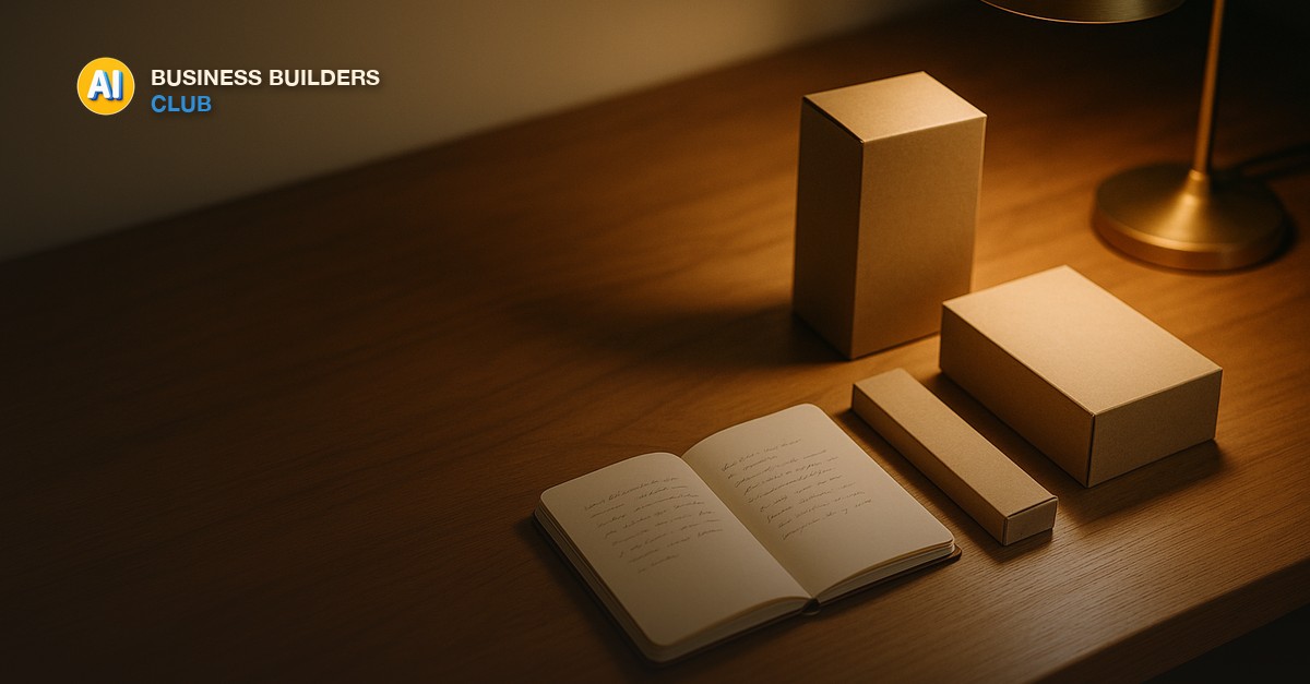 A wooden desk with product packaging, a small notebook open to handwritten notes, and a warm desk lamp casting golden light - AI Tools and Training Club