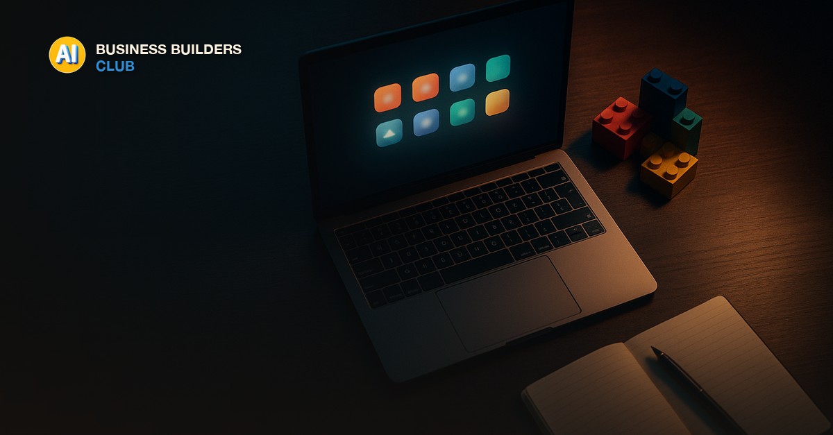 A laptop showing a glowing grid of app tiles beside a set of modular building blocks clicking together on a dark desk - AI Tools and Training Club