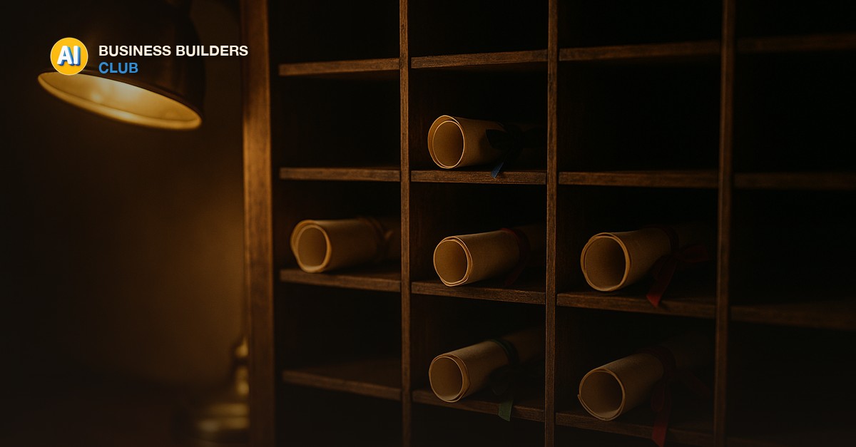 A wooden pigeonhole mail-sorting cabinet with several rolled papers tied in different colored ribbons under warm lamp light - AI Tools and Training Club