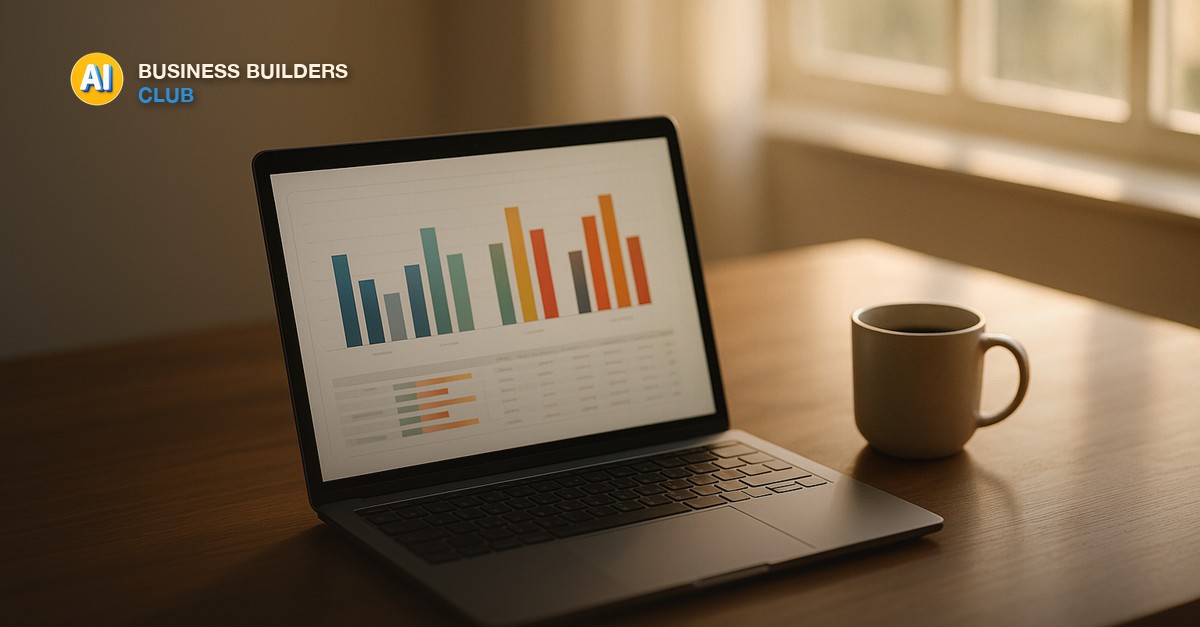 A warm wooden desk with a glowing laptop screen showing colorful bar charts and data tables, a ceramic mug of coffee beside it, and soft morning light through a window - AI Tools and Training Club