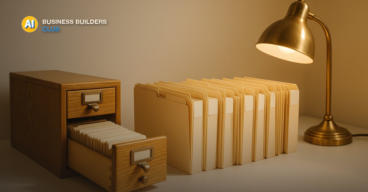 An open wooden card catalogue drawer beside a row of labelled manila folders under a brass desk lamp - AI Tools and Training Club