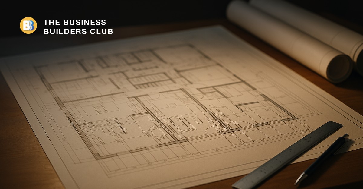 A large architectural blueprint unrolled on a drafting table, standing in for a business plan