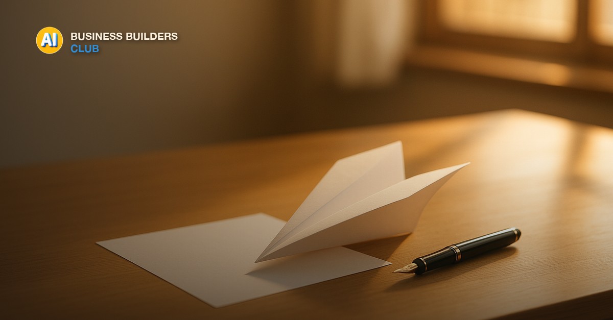 A clean wooden desk with a single sheet of paper mid-fold like a paper airplane about to take off, a fountain pen resting beside it, warm morning light