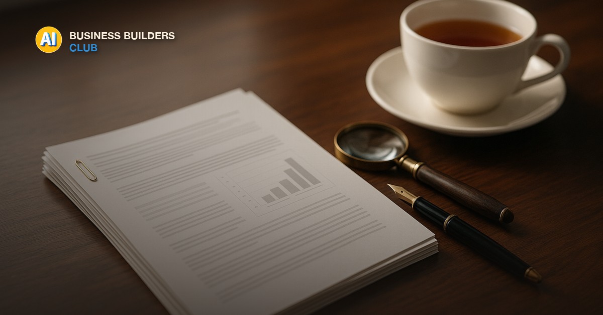 A neat stack of printed one-page reports with a brass paperclip, a magnifying glass, a fountain pen and a cup of tea on a dark walnut desk, in soft morning window light - AI Tools and Training Club