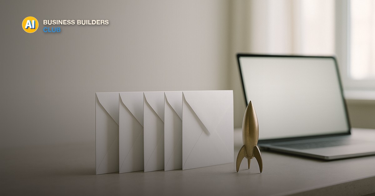 Five crisp white envelopes standing upright in a row on a pale concrete desk beside a small brass rocket paperweight, a laptop with a softly glowing blank screen behind them in bright morning light - AI Tools and Training Club