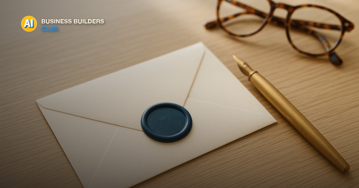 A cream envelope sealed with a plain round deep blue wax seal on a pale oak desk, a brass fountain pen laid beside it and a folded pair of tortoiseshell reading glasses above, in bright airy morning window light - AI Tools and Training Club
