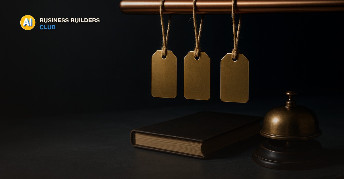Three blank brass price tags hanging on twine from a copper rail above a dark slate counter, beside a closed ledger and a brass service bell, in moody studio light - AI Tools and Training Club