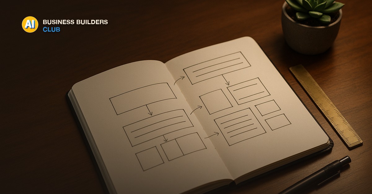 An open notebook with a hand-drawn page wireframe of boxes and arrows, a mechanical pencil, a brass ruler and a small potted succulent on a dark walnut desk, in warm lamp light - AI Tools and Training Club