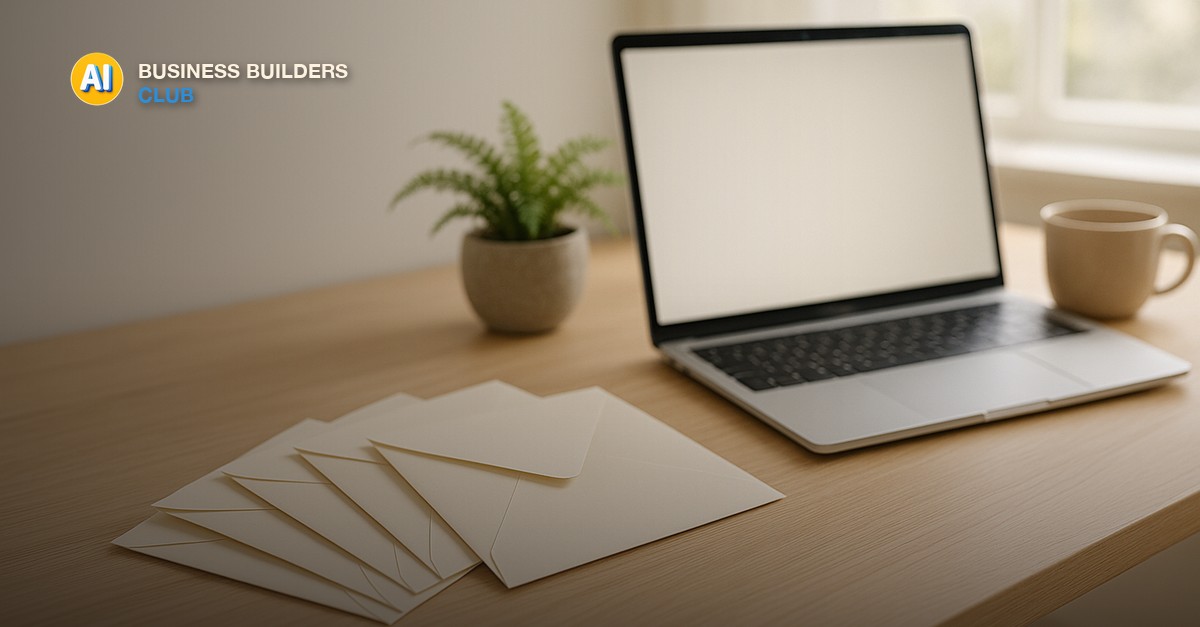 Five cream envelopes fanned on a light oak desk beside an open laptop with a softly glowing blank screen, a small fern, and a ceramic mug in bright morning light - AI Tools and Training Club