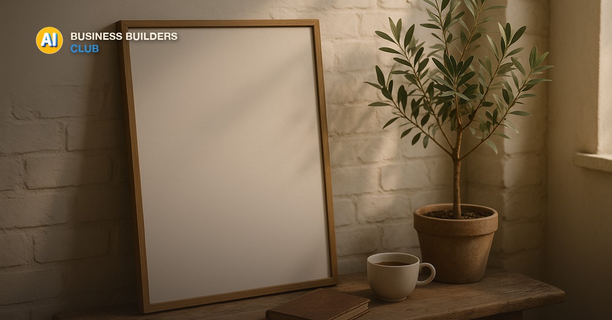 An empty wooden picture frame leaning against a whitewashed brick wall beside a potted olive tree, with a cup of tea and a leather notebook on a rustic bench in soft afternoon light - AI Tools and Training Club