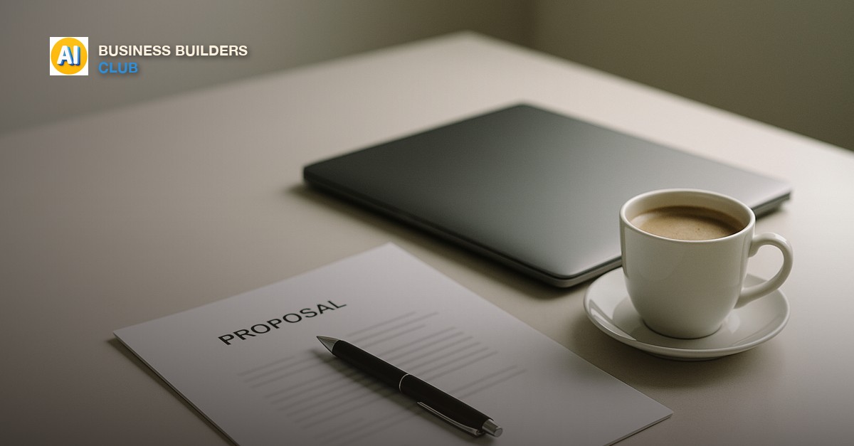 A printed proposal document with a pen resting on it beside a laptop on a clean desk in natural light
