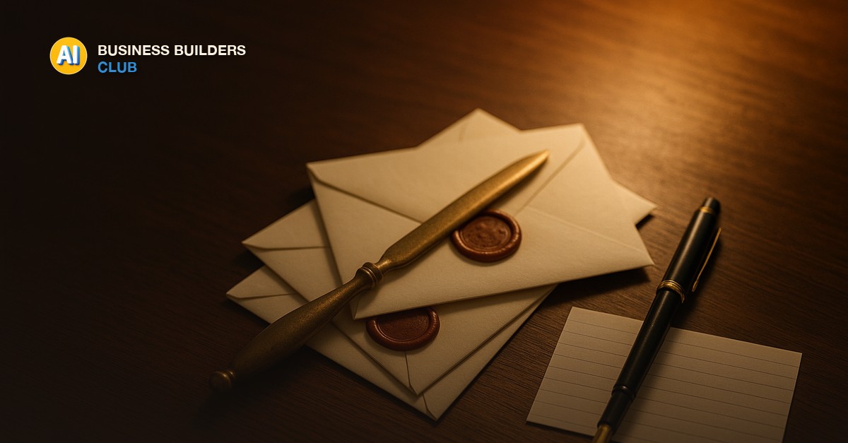 A brass letter opener resting on a small stack of cream envelopes with red wax seals, a black fountain pen and a lined index card on a dark walnut desk, in warm lamp light - AI Tools and Training Club