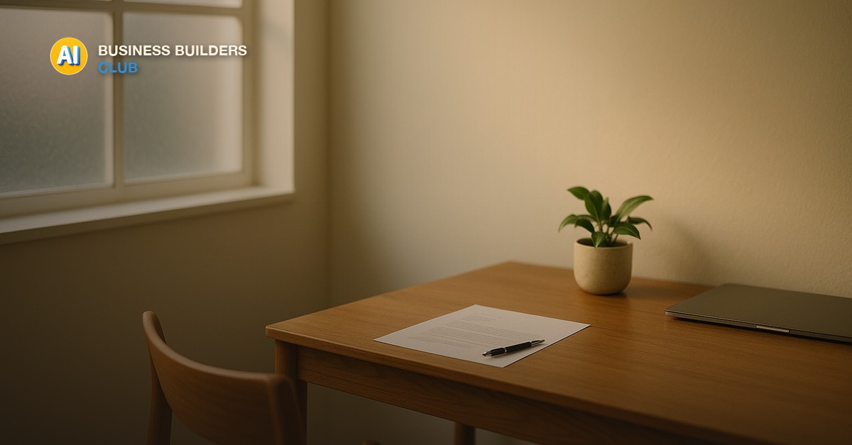 A tidy home office desk with a printed document and pen, a small potted plant, and soft afternoon light through frosted glass - AI Tools and Training Club