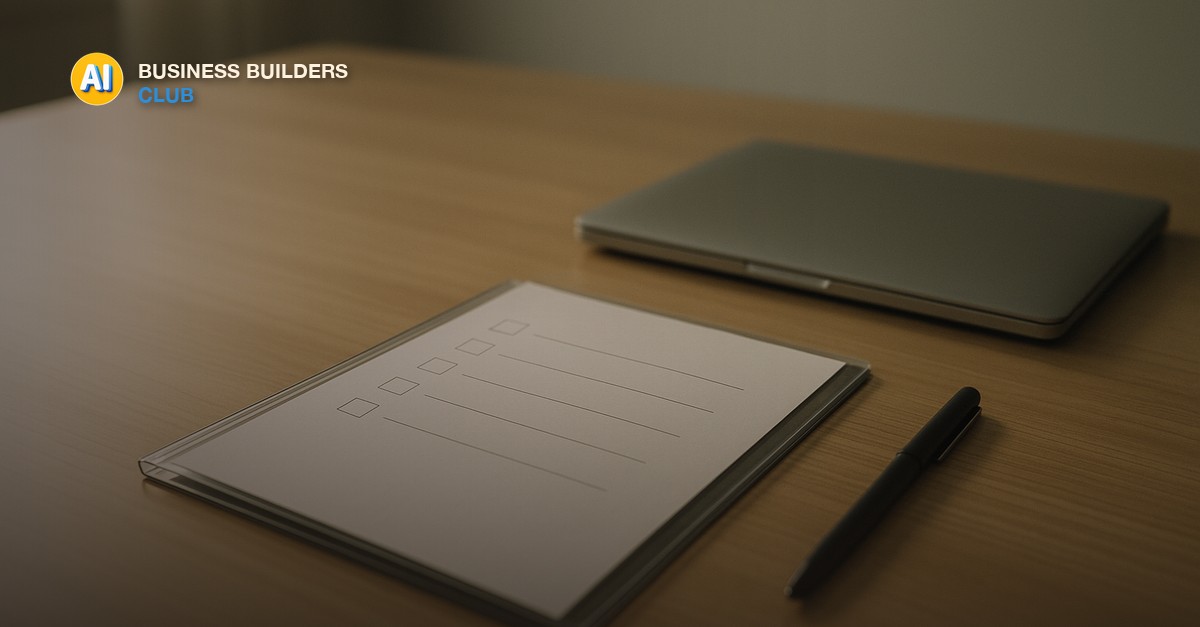 A printed checklist in a clear binder on a tidy desk beside a closed laptop and a pen, soft daylight