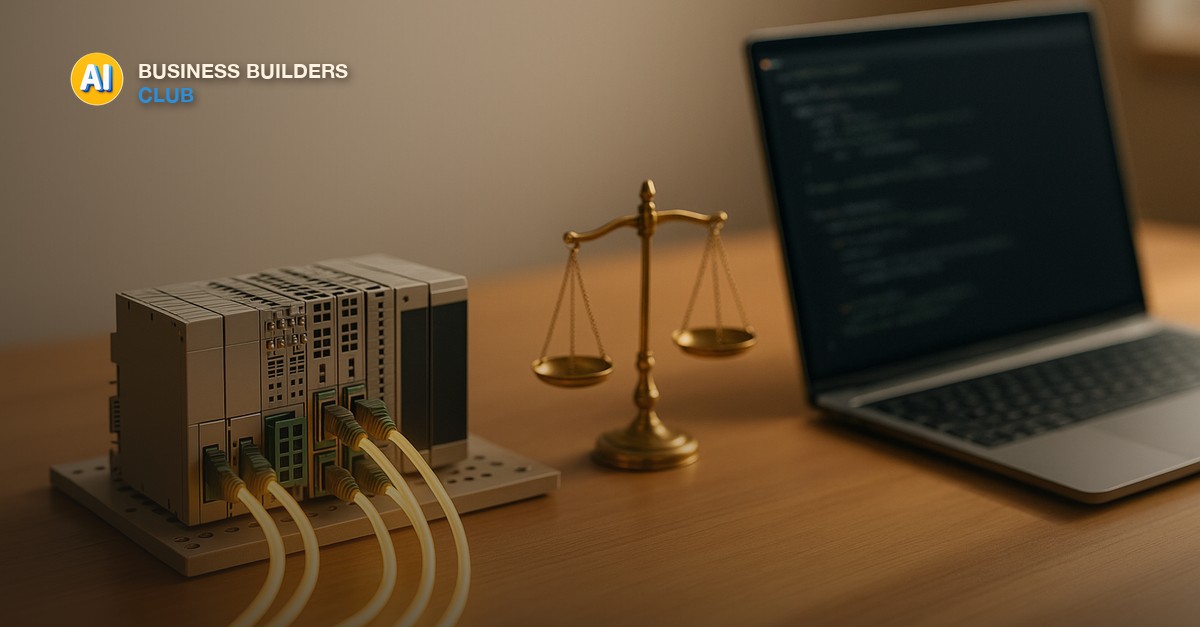 Two automation control panels on a warm wooden desk with a small brass balance scale between them - AI Tools and Training Club