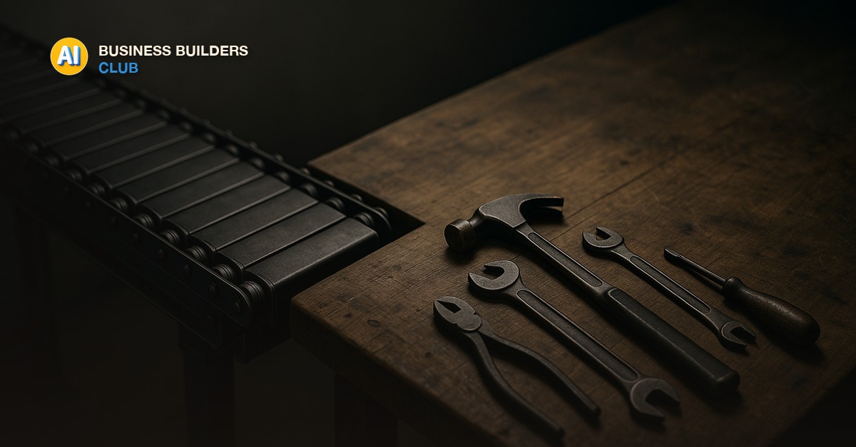 A steel conveyor belt ending at a wooden workbench with hand tools laid out in a row under moody side light - AI Tools and Training Club